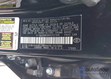 2024 Toyota Camry Se из США, поврежденный, VIN 4T1G11AK6RU255108